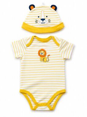 NWOT Little Me Baby Lion Bodysuit & Hat Set Yellow Stripe 6M